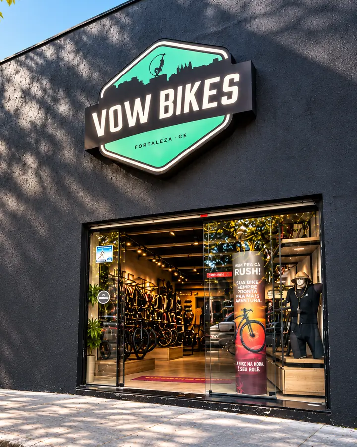 Fachada da loja Vow Bikes em Fortaleza, com a placa e a vitrine